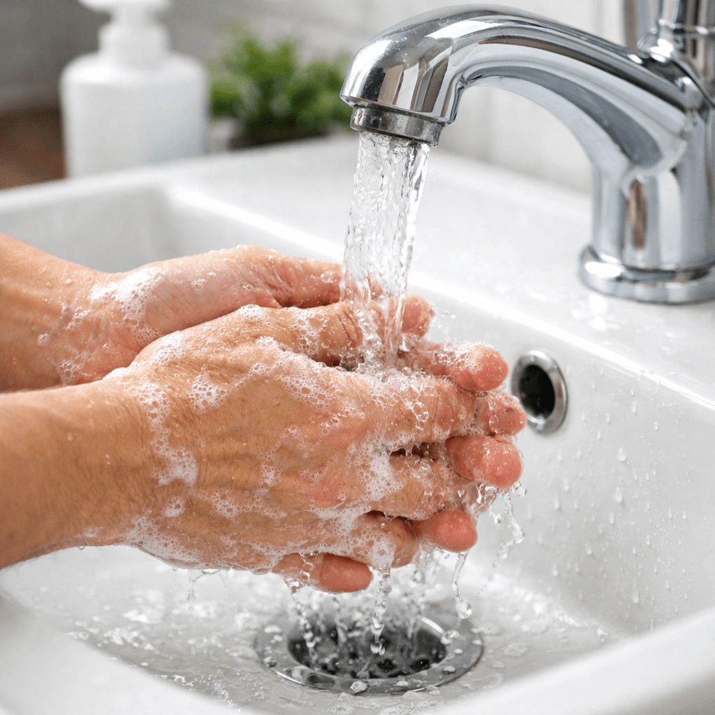 Hands covered in soap lather being washed under running water from a faucet